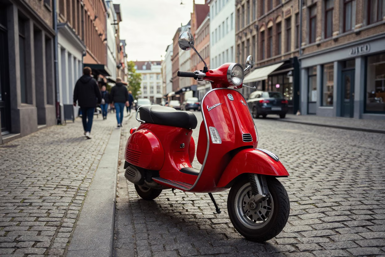 Vintage Vespa on Cobblestone Lane in Brussels Belgium Late Morning Street Scene in in Brussels, Belgium
