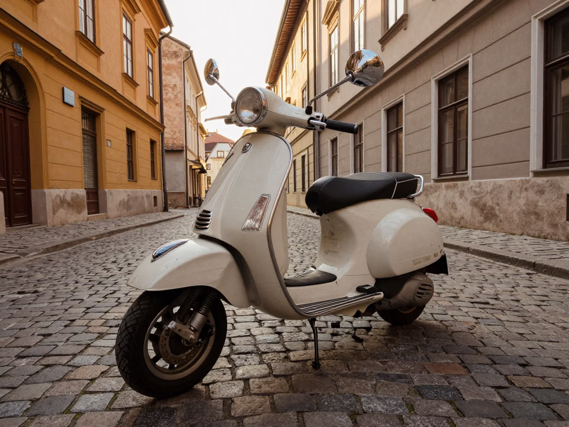 Vintage Vespa on Cobblestone Lane in Budapest Late Afternoon Light in in Budapest, Hungary