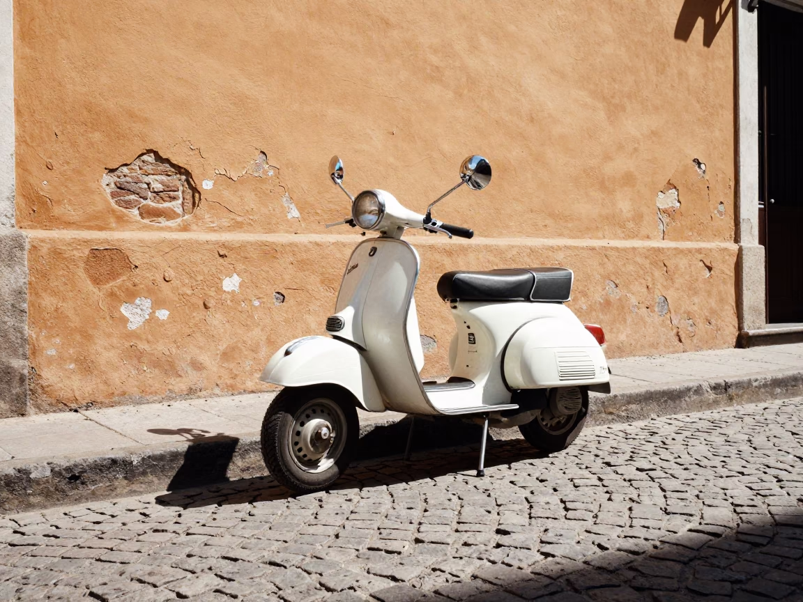 Vintage Vespa on Cobblestone Lane in Buenos Aires Bright Midmorning Light in in Buenos Aires, Argentina