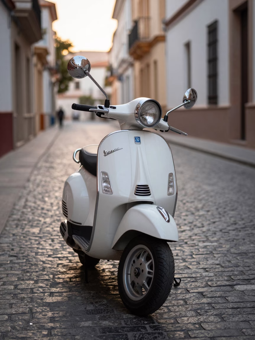 Vintage Vespa on Cobblestone Lane in Early Morning Valencia Spain in in Valencia, Spain