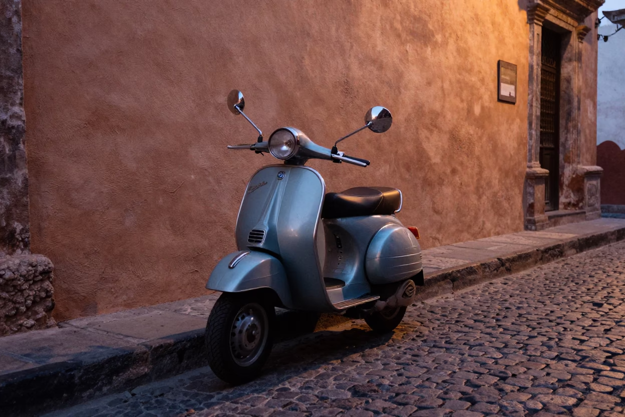Vintage Vespa on Cobblestone Lane in Guadalajara Mexico Early Evening Street Scene in in Guadalajara, Mexico