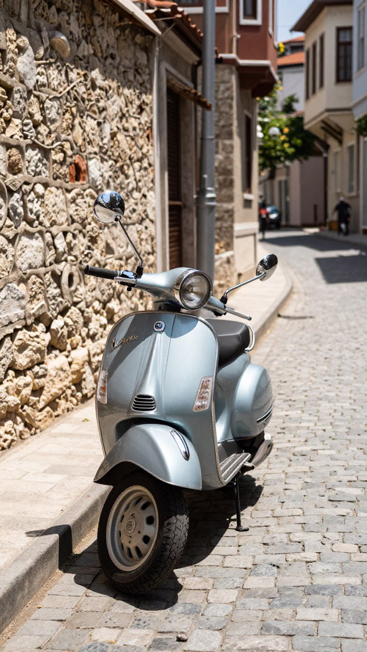 Vintage Vespa on Cobblestone Lane in Istanbul Turkey Midday Street Scene in in Istanbul, Turkey