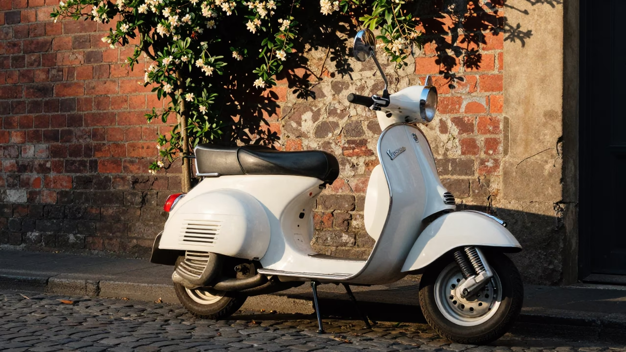 Vintage Vespa on Cobblestone Lane in Late Afternoon Melbourne Victoria in in Melbourne, Victoria, Australia