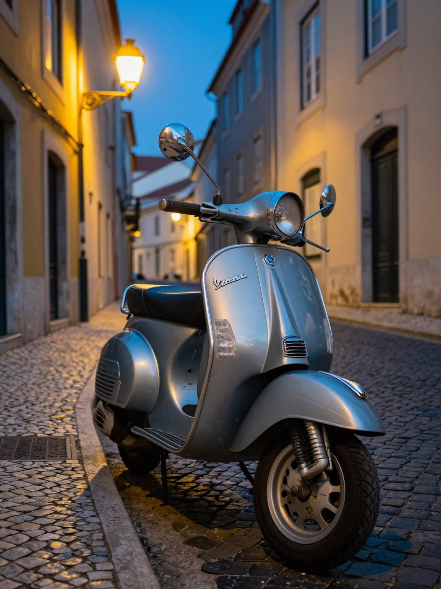 Vintage Vespa on Cobblestone Lane in Lisbon Portugal Under Evening Blue Light in in Lisbon, Portugal