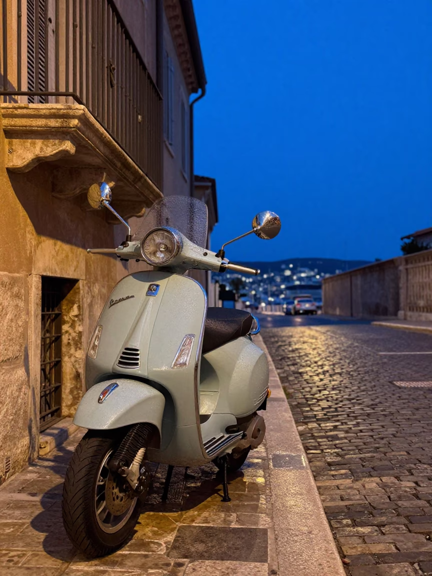 Vintage Vespa on Cobblestone Lane in Marseille at Nautical Dawn with Condensation in in Marseille, France