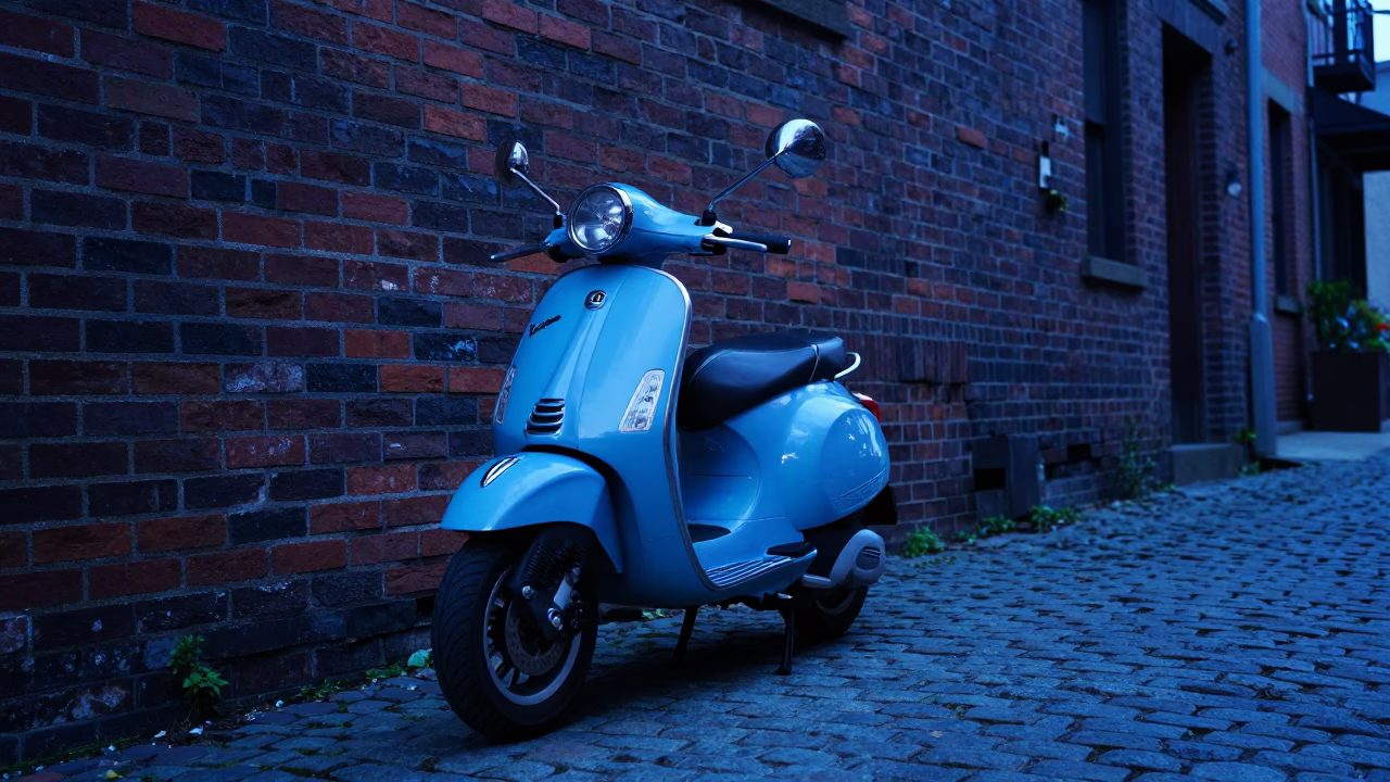 Vintage Vespa on Cobblestone Lane in Nashville Tennessee During Last Blue Light of Evening in in Nashville, Tennessee, United States