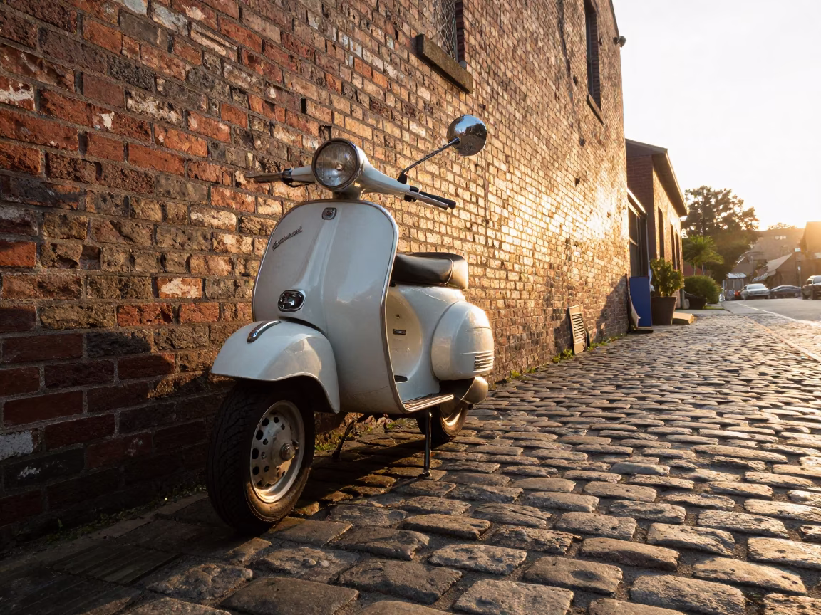 Vintage Vespa on Cobblestone Lane in Portland Oregon at Sunset in in Portland, Oregon, United States