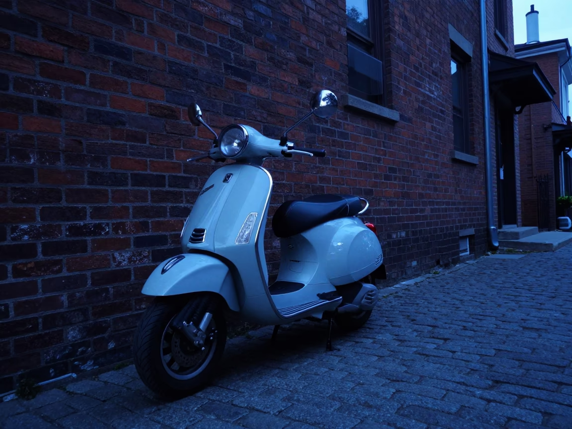 Vintage Vespa on Cobblestone Lane in Predawn Toronto Ontario Canada Street Photography in in Toronto, Ontario, Canada