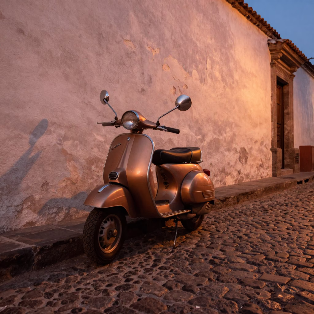 Vintage Vespa on Cobblestone Lane in Quito Ecuador Before Dusk in in Quito, Ecuador