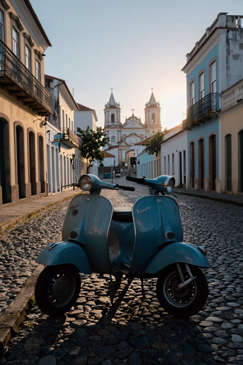 Vintage Vespa on Cobblestone Lane in Salvador Brazil at Nautical Dawn in in Salvador, Brazil