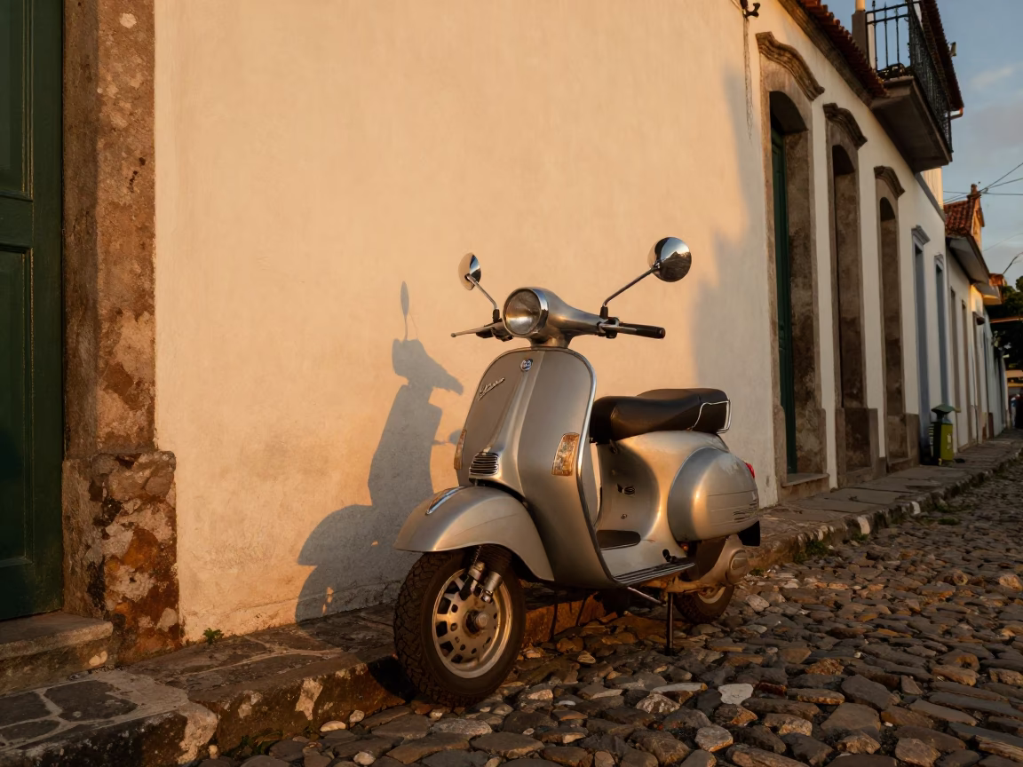 Vintage Vespa on Cobblestone Lane in Salvador Brazil Honeyed Evening Light in in Salvador, Brazil