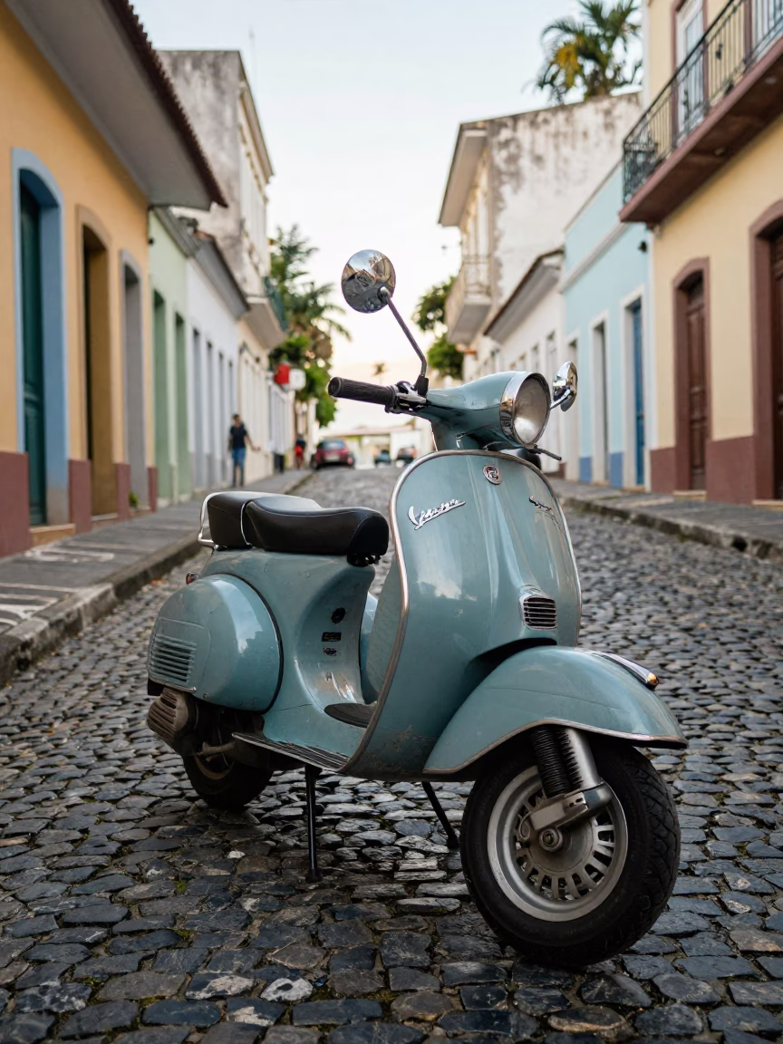 Vintage Vespa on Cobblestone Lane in Salvador Brazil Late Morning in in Salvador, Brazil