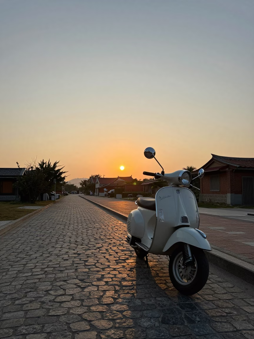 Vintage Vespa on Cobblestone Lane in Tainan Taiwan at Sunset in in Tainan, Taiwan