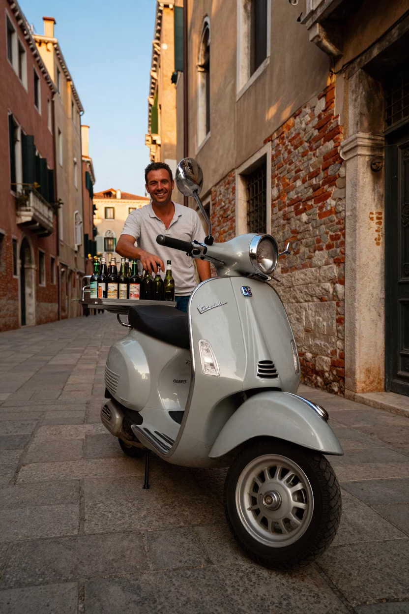 Vintage Vespa on Cobblestone Lane in Venice Late Afternoon Light in in Venice, Italy