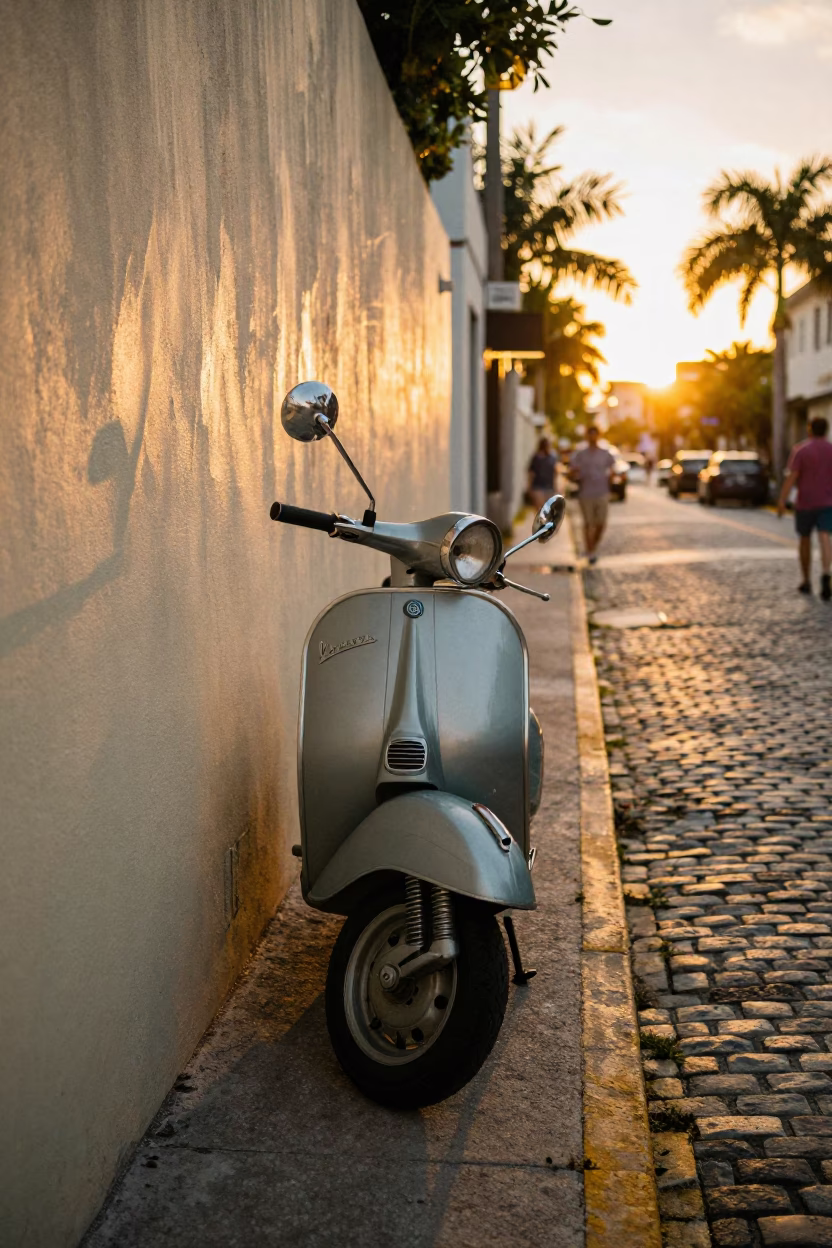 Vintage Vespa on Cobblestone Lane Sunset Miami Florida Street Scene in in Miami, Florida, United States