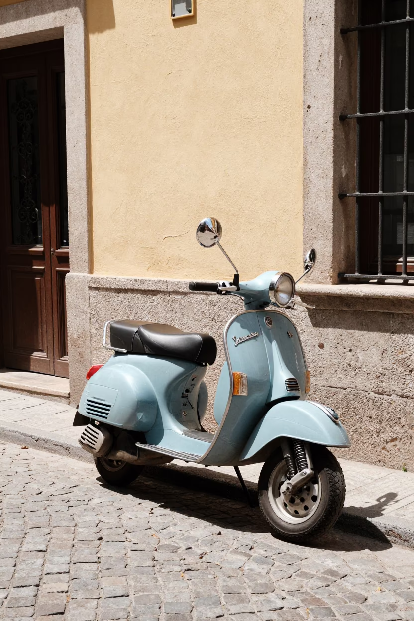 Vintage Vespa on Cobblestone Lane Under Flat Noon Glare in Madrid Spain in in Madrid, Spain