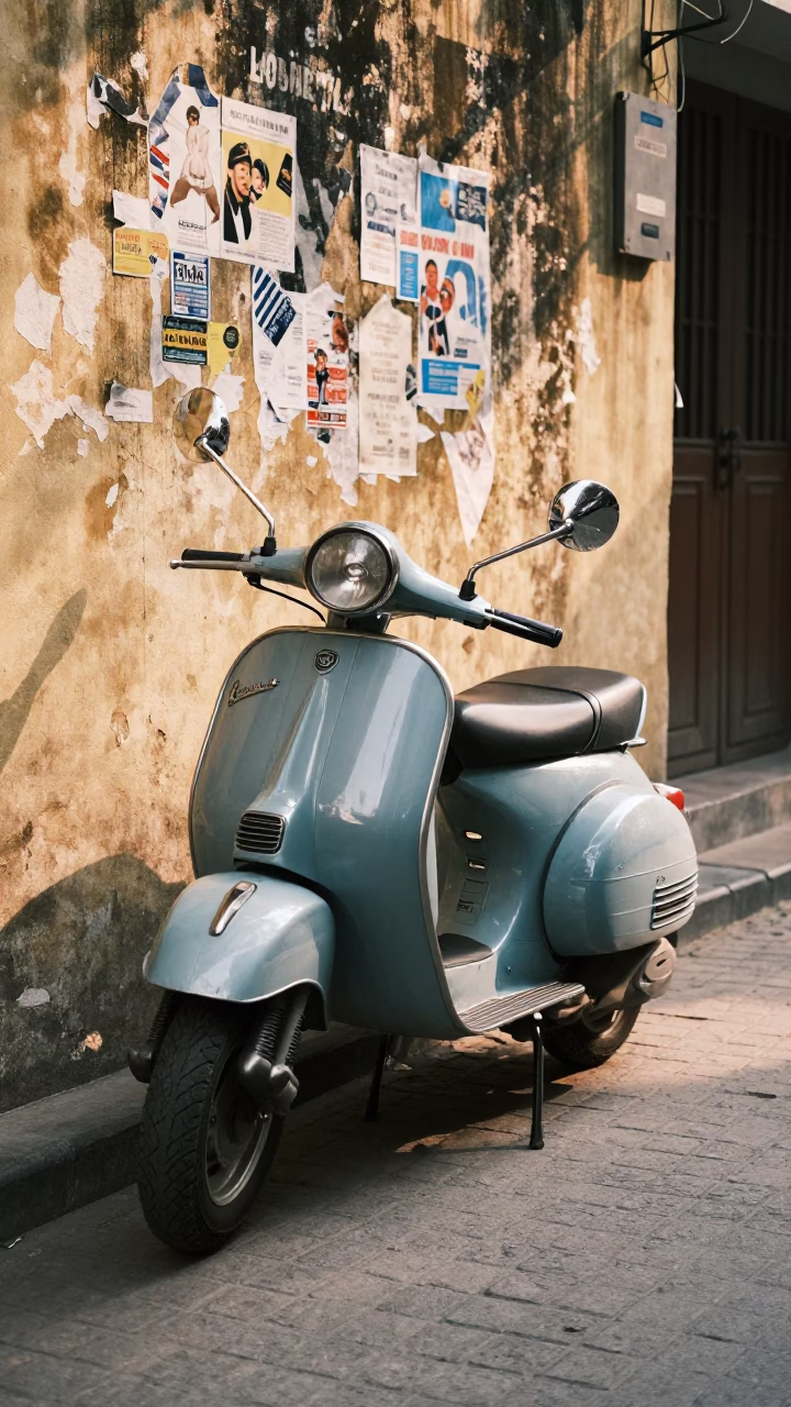 Vintage Vespa on Hanoi Cobblestone Lane Early Afternoon Street Scene in in Hanoi, Vietnam