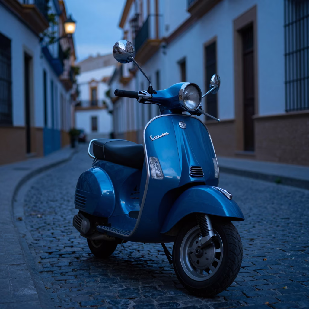Vintage Vespa on Seville Cobblestone Lane Under Evening Blue Light in in Seville, Spain