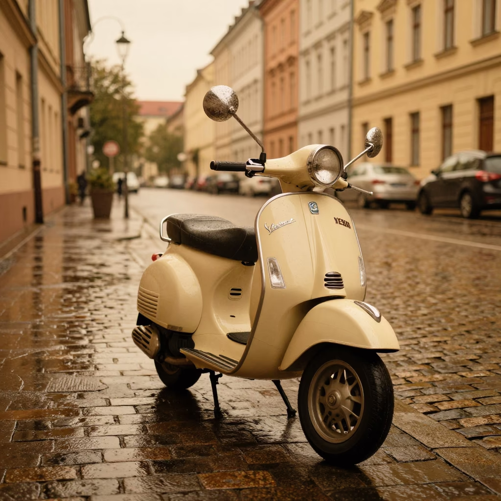Vintage Vespa parked on Berlin cobblestone street in honeyed evening light in in Berlin, Germany