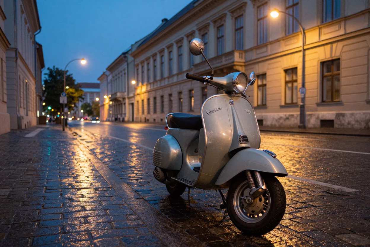 Vintage Vespa parked on Budapest cobblestone lane at blue hour with city lights in in Budapest, Hungary