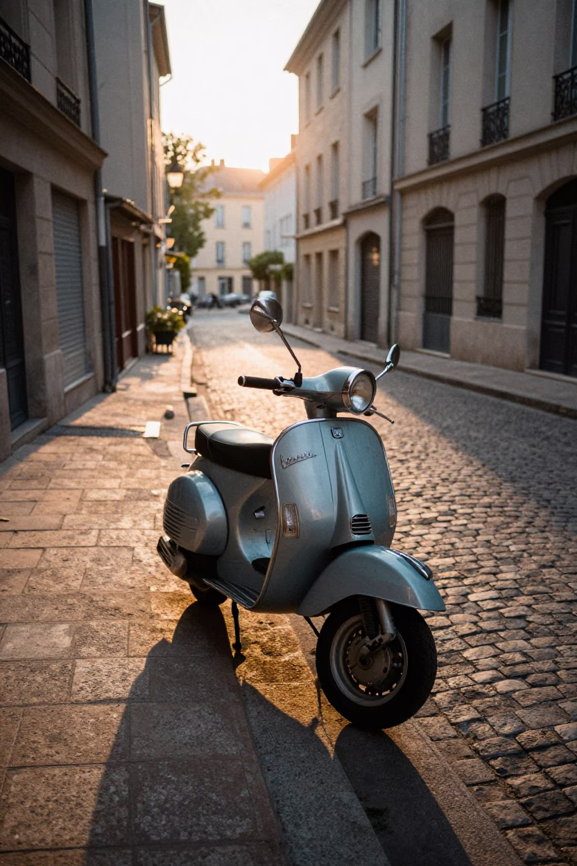 Vintage Vespa Parked on Cobblestone Lane at Dawn in Lyon France in in Lyon, France