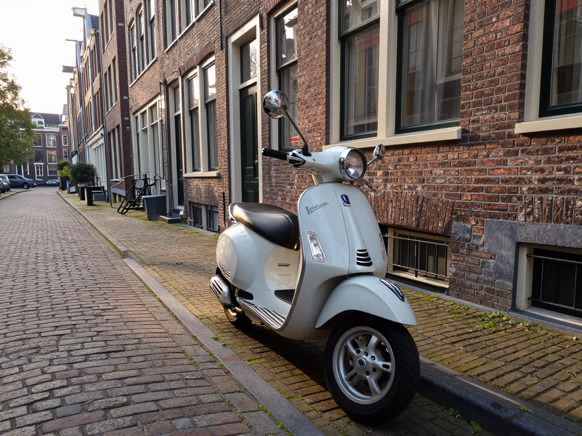 Vintage Vespa Parked on Cobblestone Lane in Amsterdam After Sunrise in in Amsterdam, Netherlands