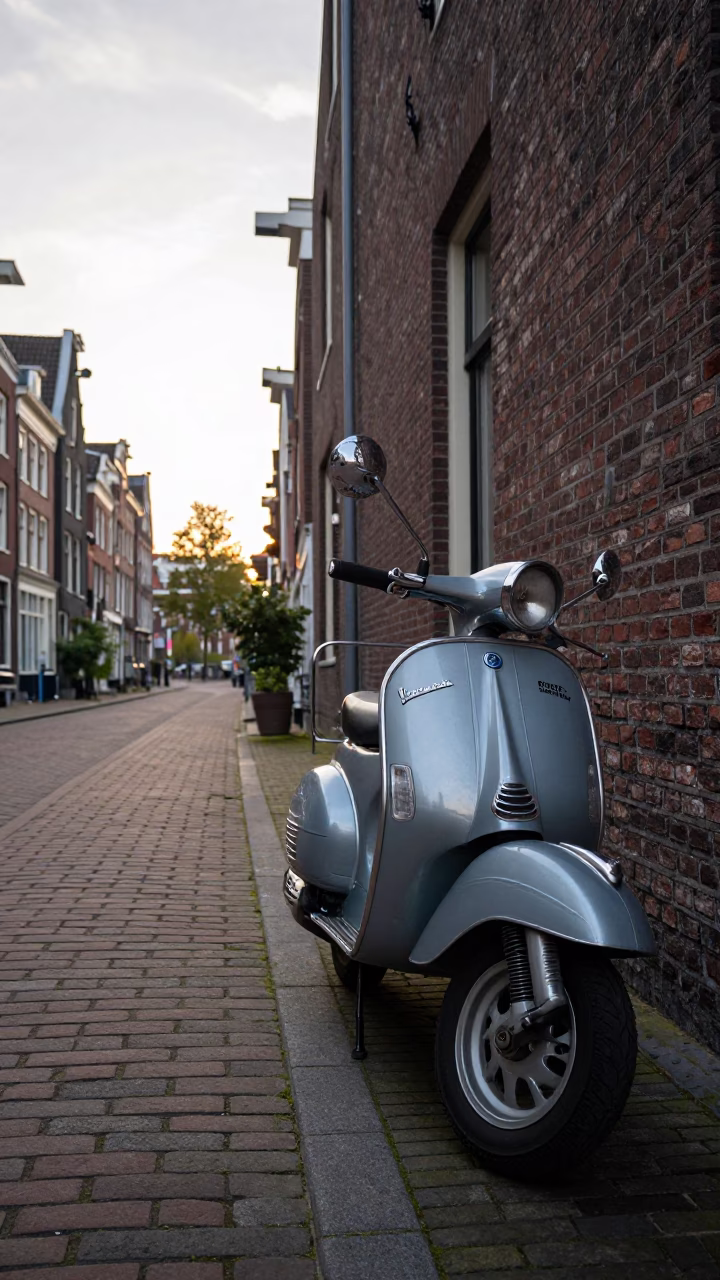 Vintage Vespa Parked on Cobblestone Lane in Amsterdam During First Light in in Amsterdam, Netherlands