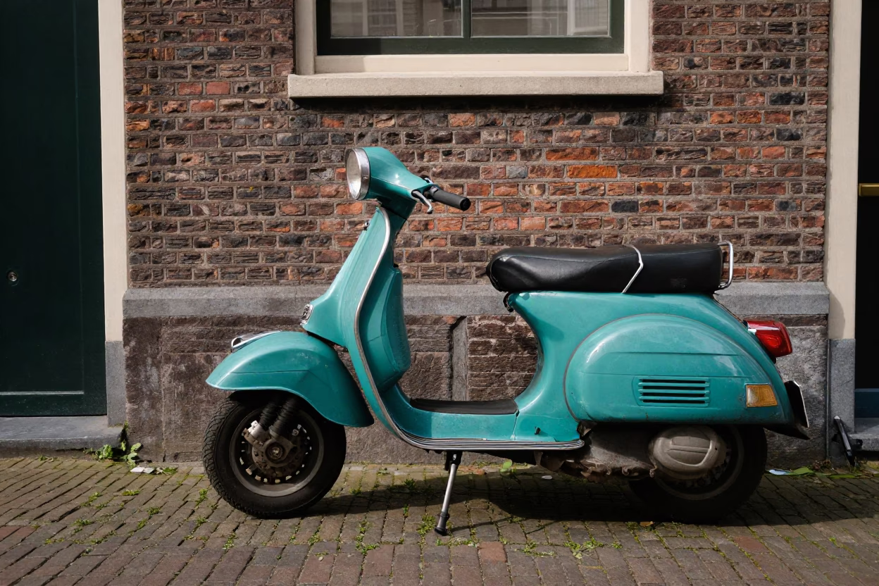 Vintage Vespa Parked on Cobblestone Lane in Amsterdam Netherlands Early Afternoon in in Amsterdam, Netherlands