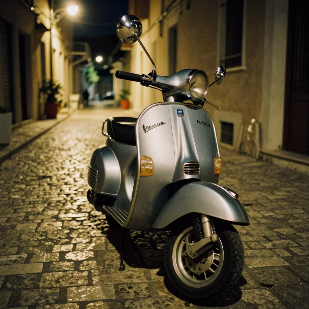 Vintage Vespa Parked on Cobblestone Lane in Athens Greece at Night in in Athens, Greece