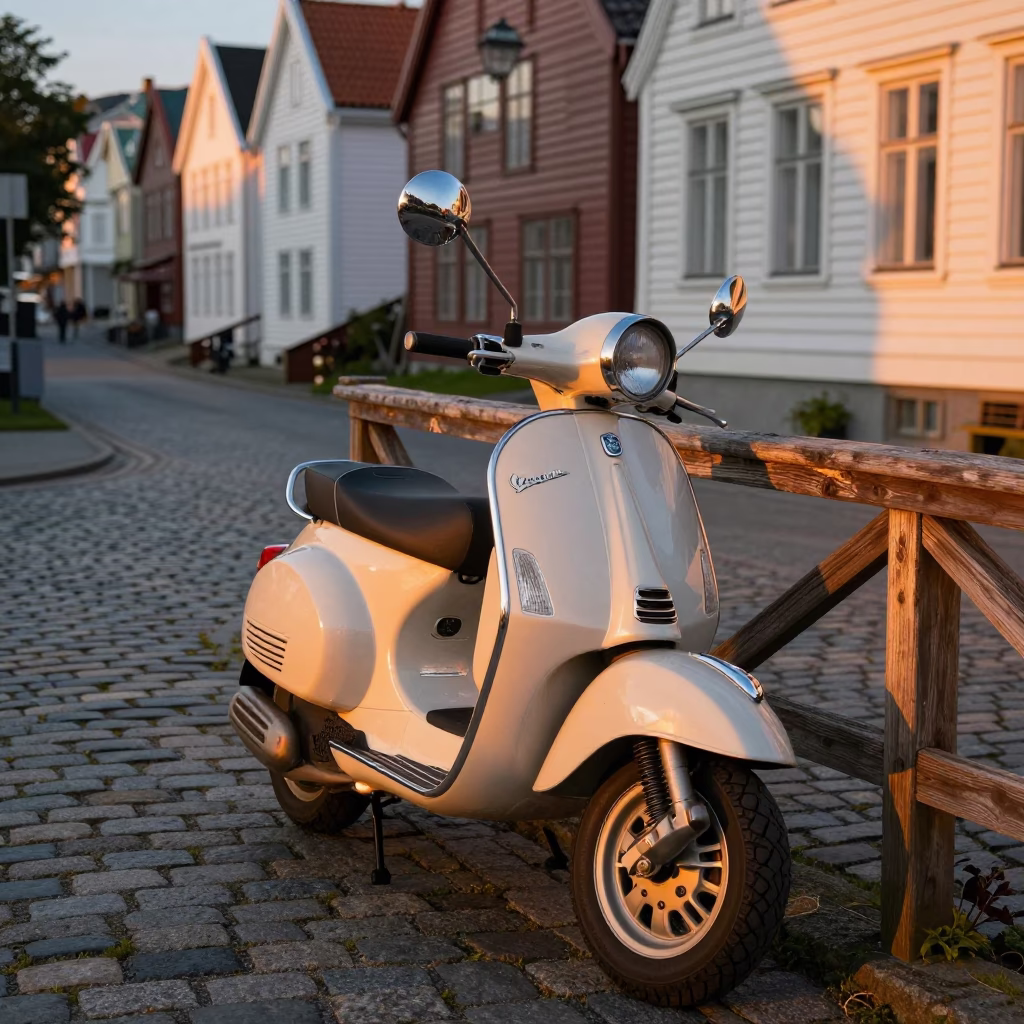 Vintage Vespa Parked on Cobblestone Lane in Bergen Norway at Sunset in in Bergen, Norway