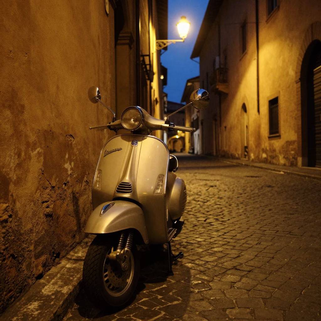 Vintage Vespa Parked on Cobblestone Lane in Bologna Italy at Midnight in in Bologna, Italy