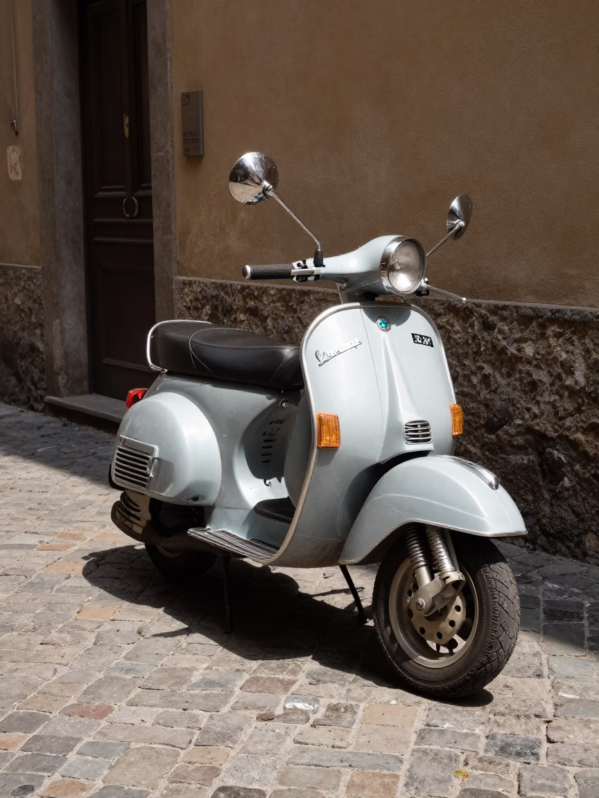 Vintage Vespa Parked on Cobblestone Lane in Bologna Italy Midday in in Bologna, Italy