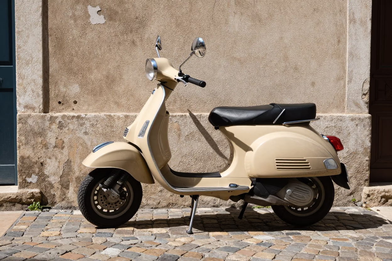 Vintage Vespa Parked on Cobblestone Lane in Bright Midmorning Light Nice France in in Nice, France