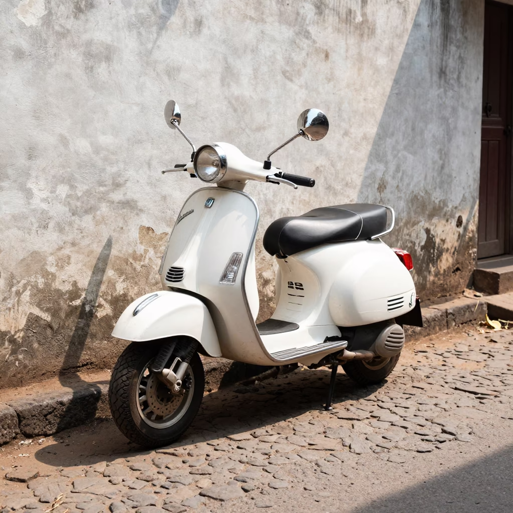 Vintage Vespa Parked on Cobblestone Lane in Bright Midmorning Mumbai India in in Mumbai, India