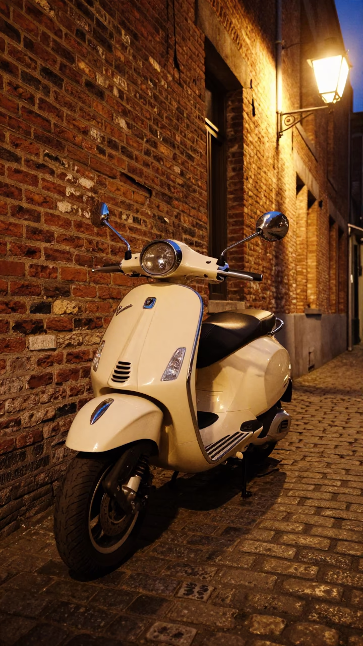 Vintage Vespa Parked on Cobblestone Lane in Brussels Belgium Late Night in in Brussels, Belgium