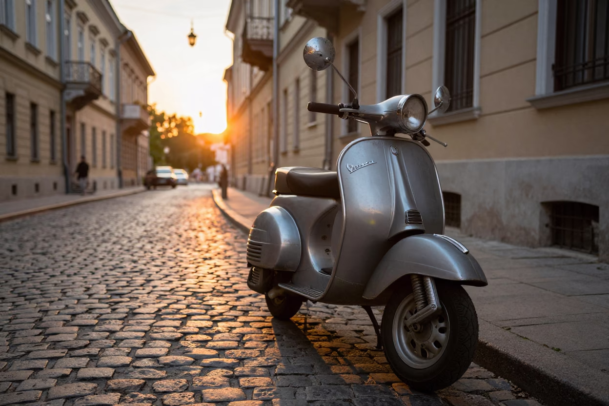 Vintage Vespa Parked on Cobblestone Lane in Budapest at Sunset with Door Wreaths in in Budapest, Hungary