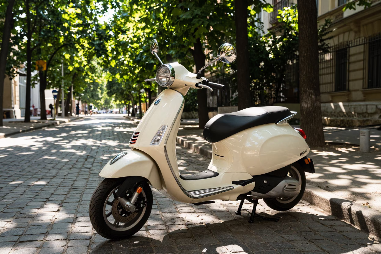 Vintage Vespa Parked on Cobblestone Lane in Budapest Late Morning Sunlight in in Budapest, Hungary