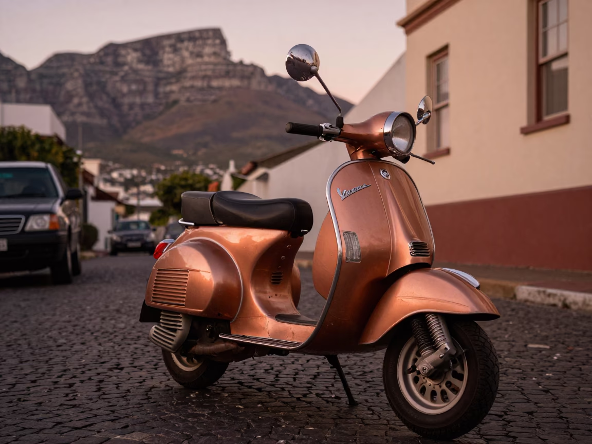 Vintage Vespa Parked on Cobblestone Lane in Cape Town Before Dusk in in Cape Town, South Africa