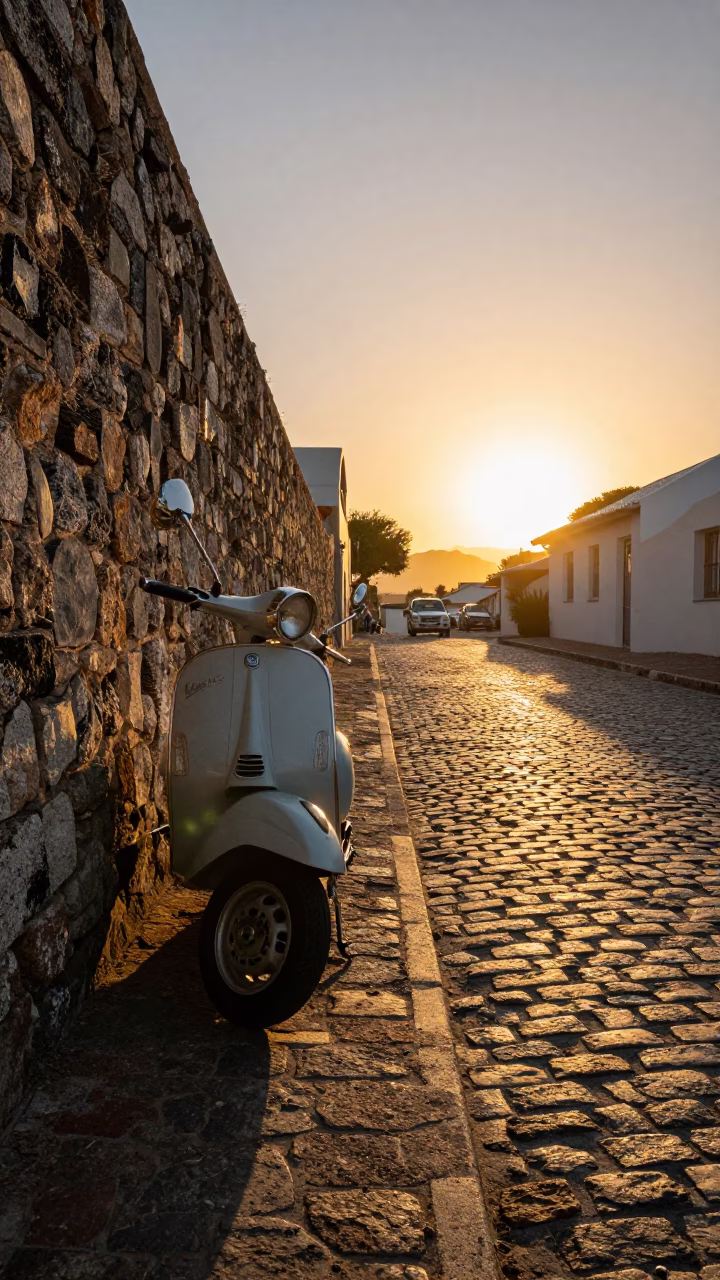 Vintage Vespa Parked on Cobblestone Lane in Cape Town South Africa at Sunset in in Cape Town, South Africa