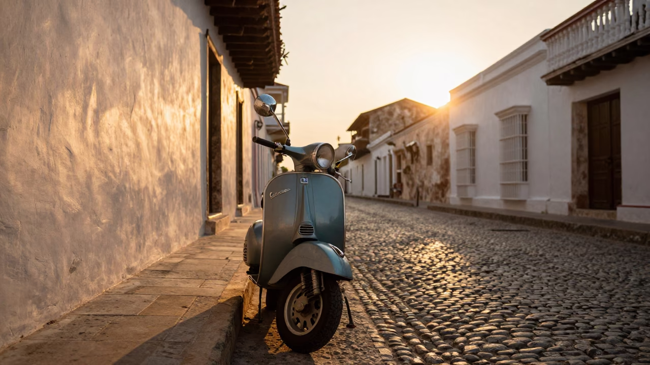 Vintage Vespa Parked on Cobblestone Lane in Cartagena Colombia at Sunset in in Cartagena, Colombia