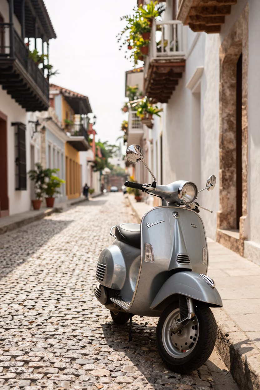 Vintage Vespa Parked on Cobblestone Lane in Cartagena Colombia Early Afternoon in in Cartagena, Colombia