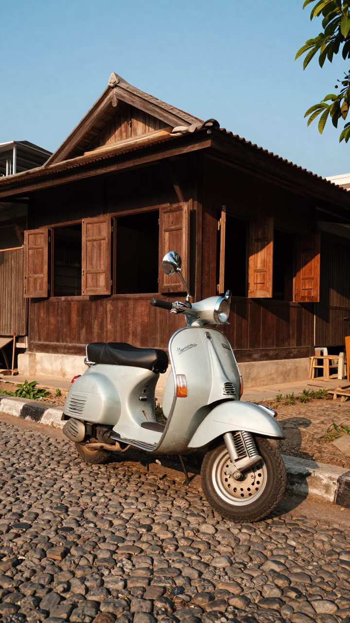 Vintage Vespa Parked on Cobblestone Lane in Chiang Mai Thailand Late Afternoon in in Chiang Mai, Thailand