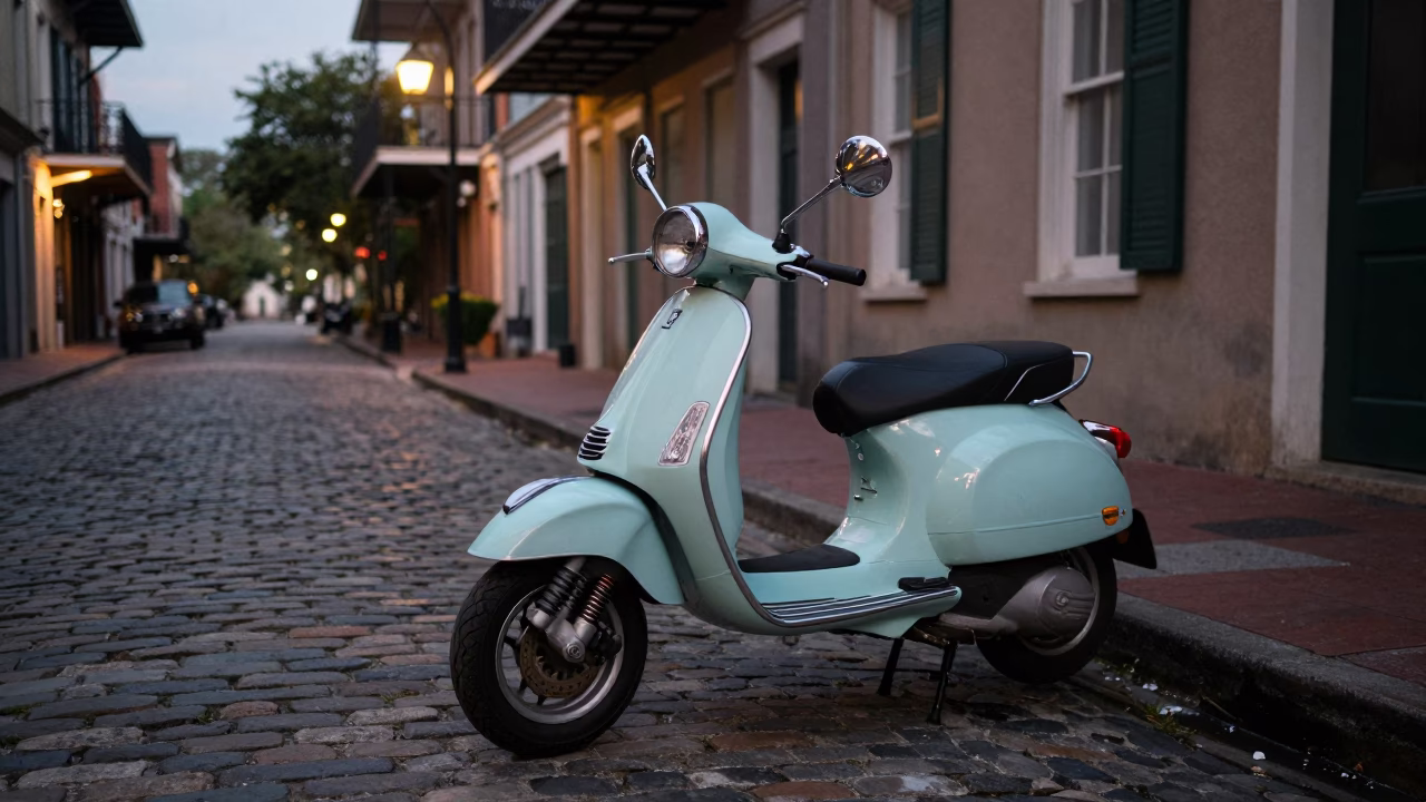 Vintage Vespa parked on cobblestone lane in early evening New Orleans Louisiana street scene in in New Orleans, Louisiana, United States