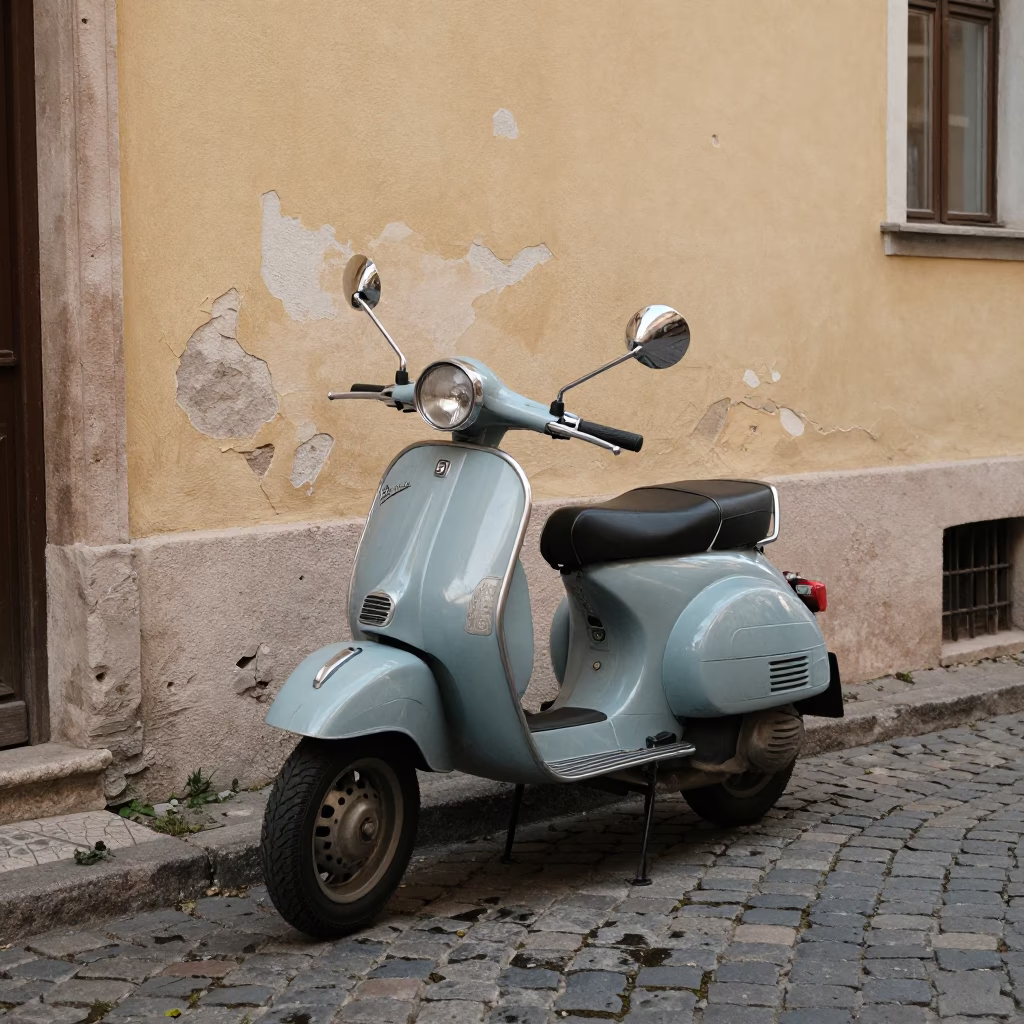 Vintage Vespa parked on cobblestone lane in early morning Budapest Hungary in in Budapest, Hungary