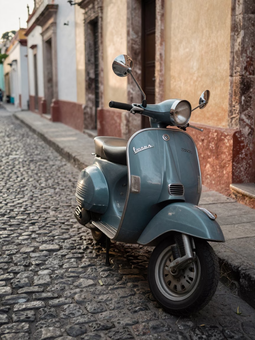 Vintage Vespa Parked on Cobblestone Lane in Early Morning Oaxaca Mexico in in Oaxaca, Mexico