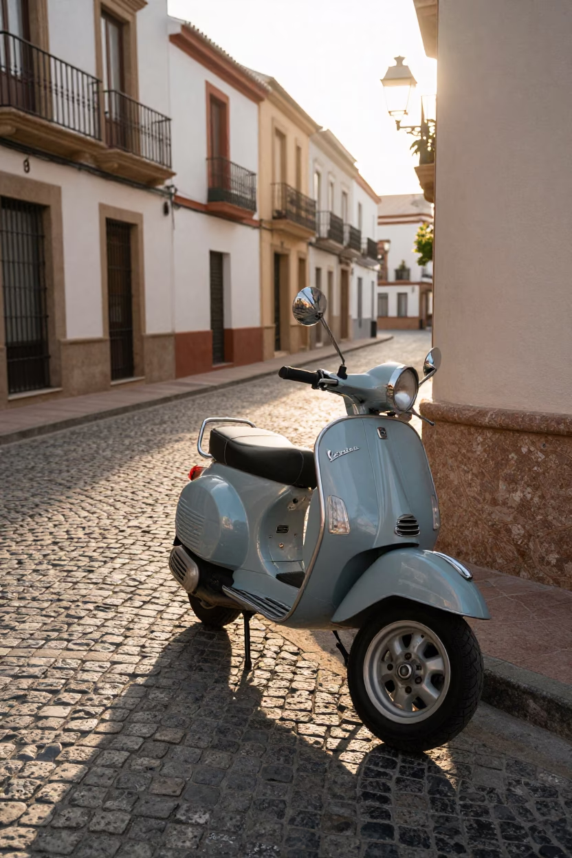 Vintage Vespa Parked on Cobblestone Lane in Early Morning Valencia Spain in in Valencia, Spain