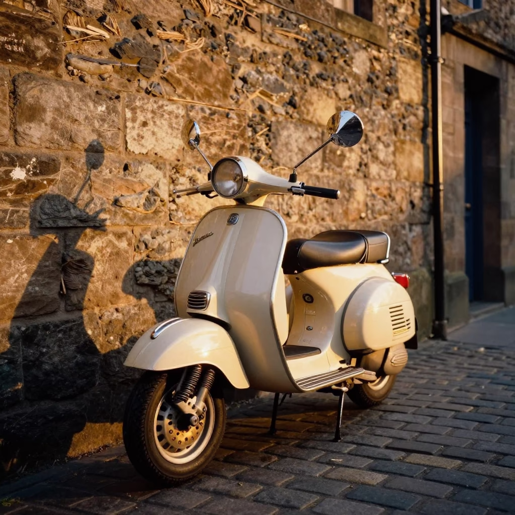 Vintage Vespa Parked on Cobblestone Lane in Edinburgh During Honeyed Evening Light in in Edinburgh, United Kingdom
