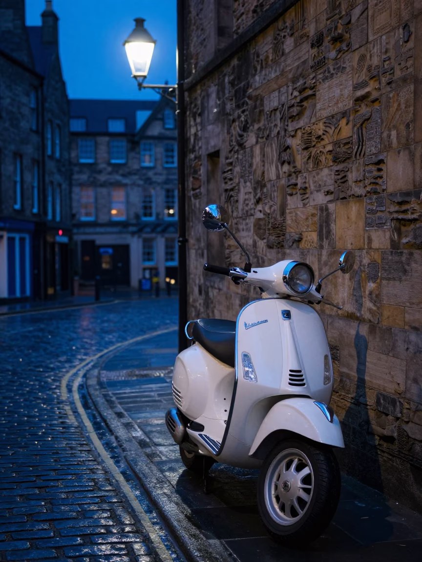 Vintage Vespa Parked on Cobblestone Lane in Edinburgh Under Indigo Twilight in in Edinburgh, United Kingdom