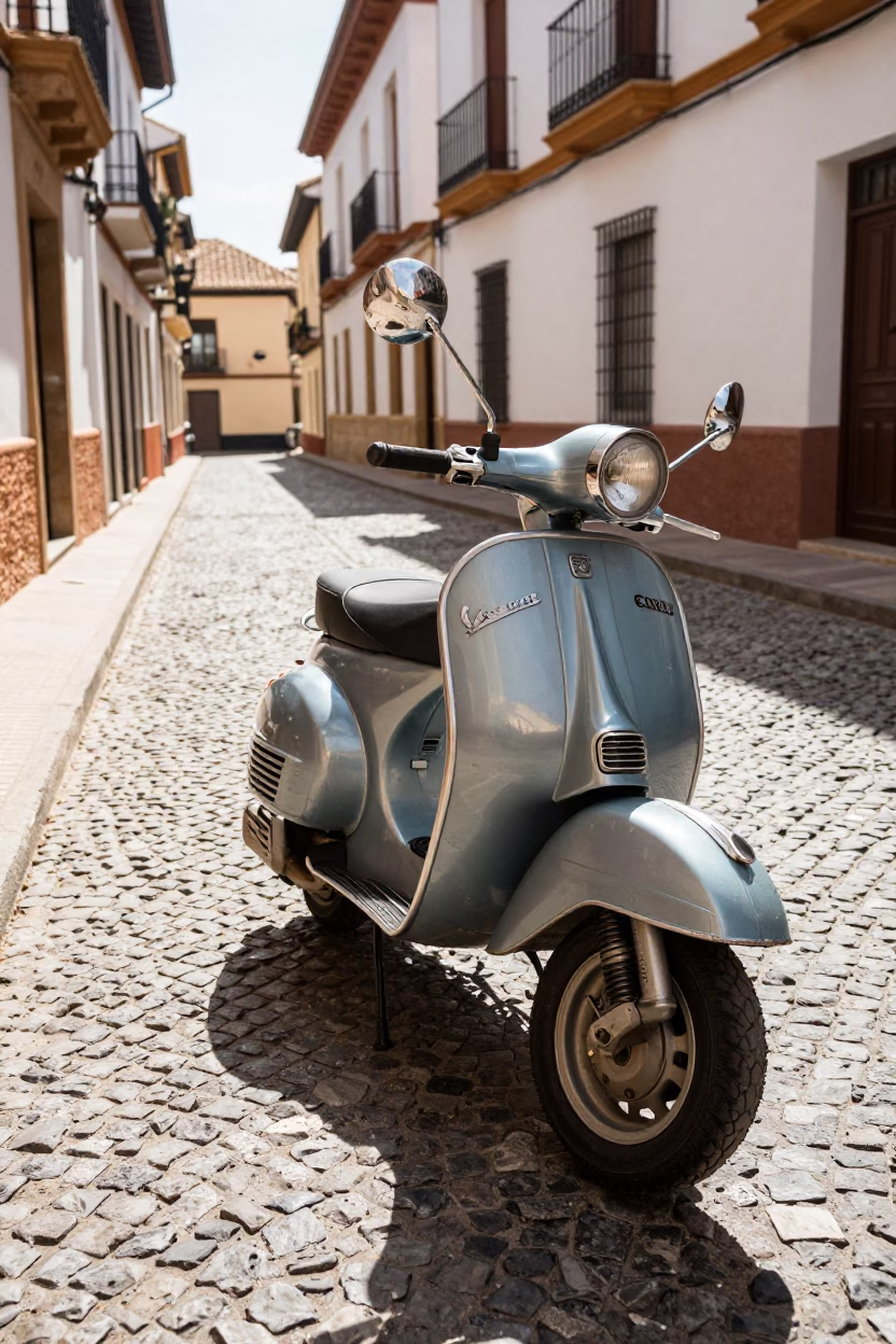 Vintage Vespa Parked on Cobblestone Lane in Granada Spain Early Afternoon in in Granada, Spain