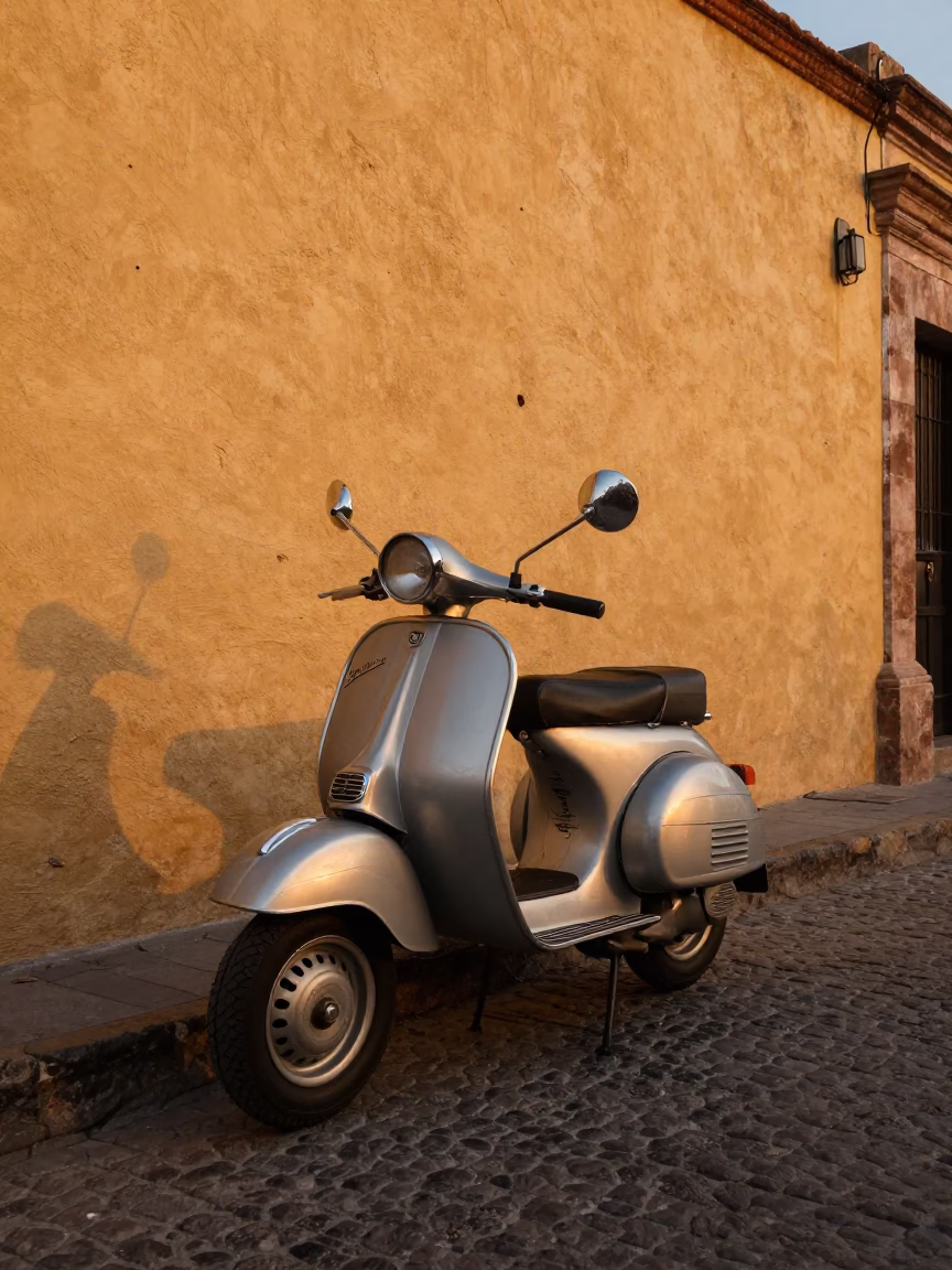 Vintage Vespa Parked on Cobblestone Lane in Guadalajara Mexico Honeyed Evening Light in in Guadalajara, Mexico